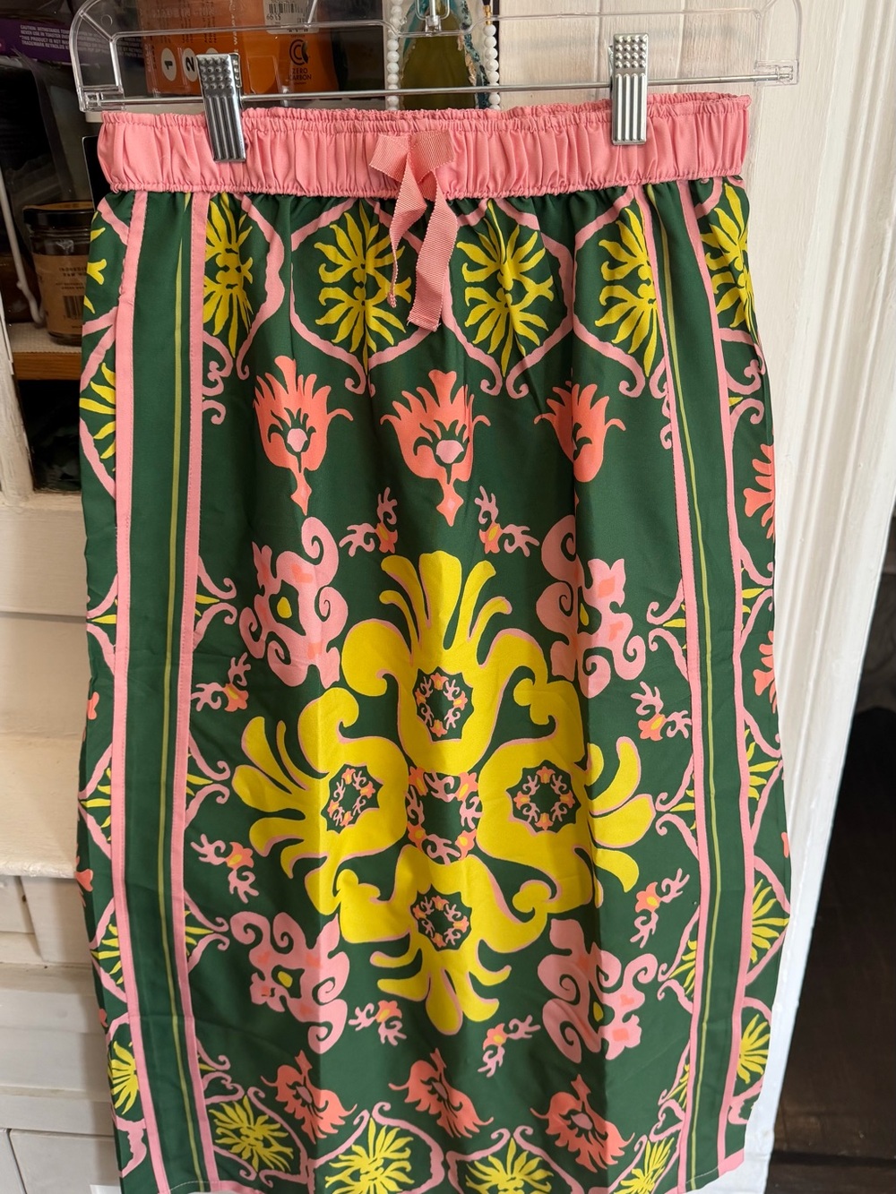 Zara Green Midi Skirt with Pink and Yellow Floral Medallion
